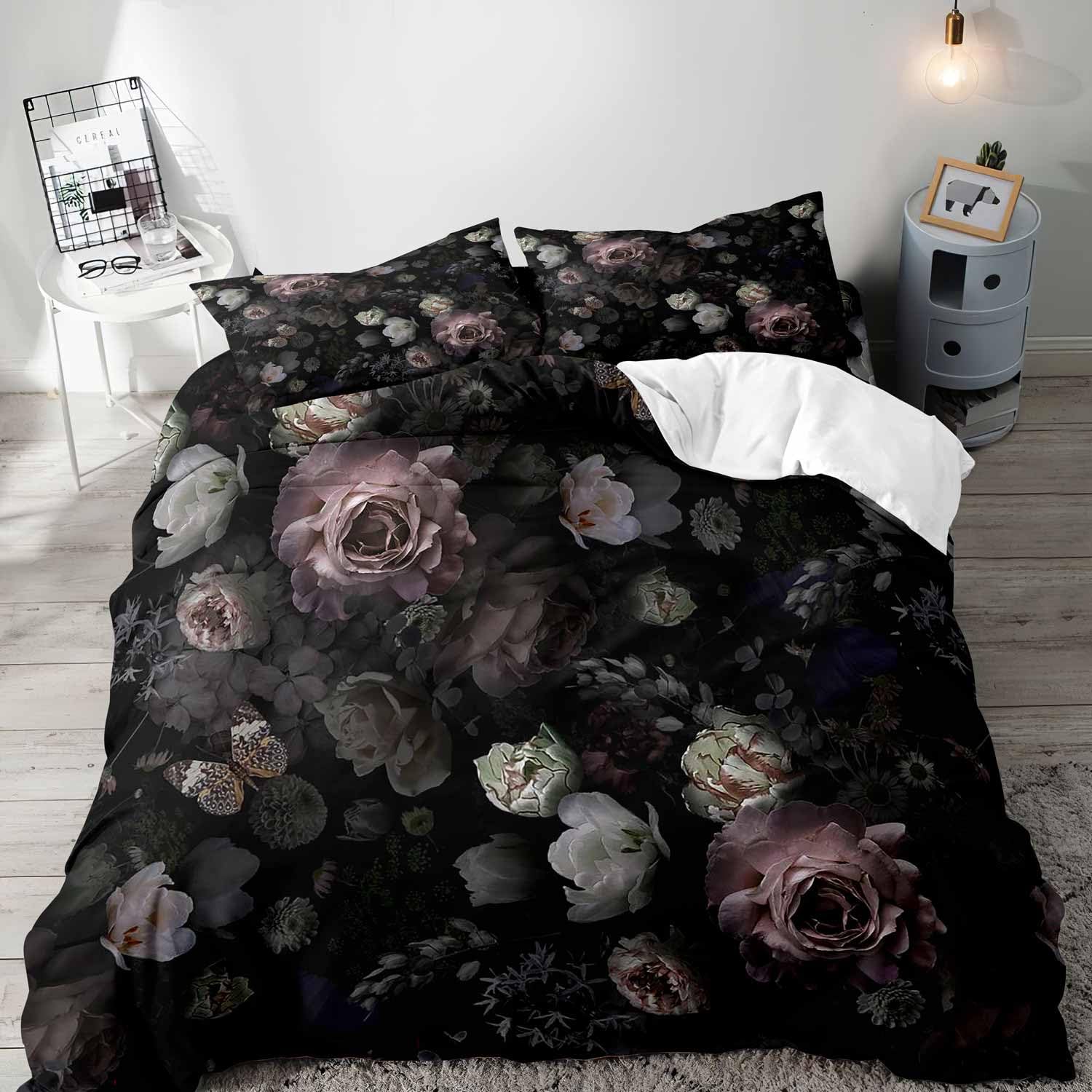 Aesthetic Floral Duvet Cover - 검은 꽃 이불 커버 퀸 침구