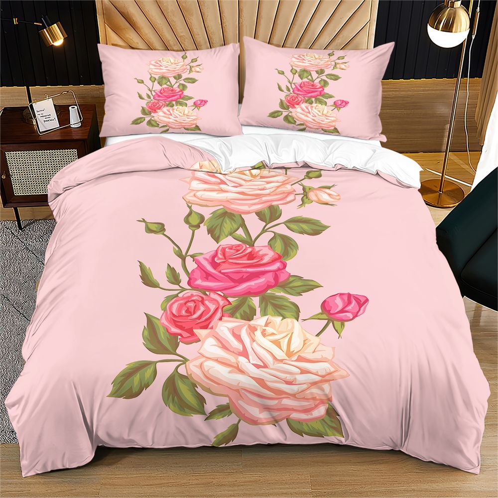 Aesthetic Floral Duvet Cover - 부드러운 핑크 장미 꽃무늬 이불 커버