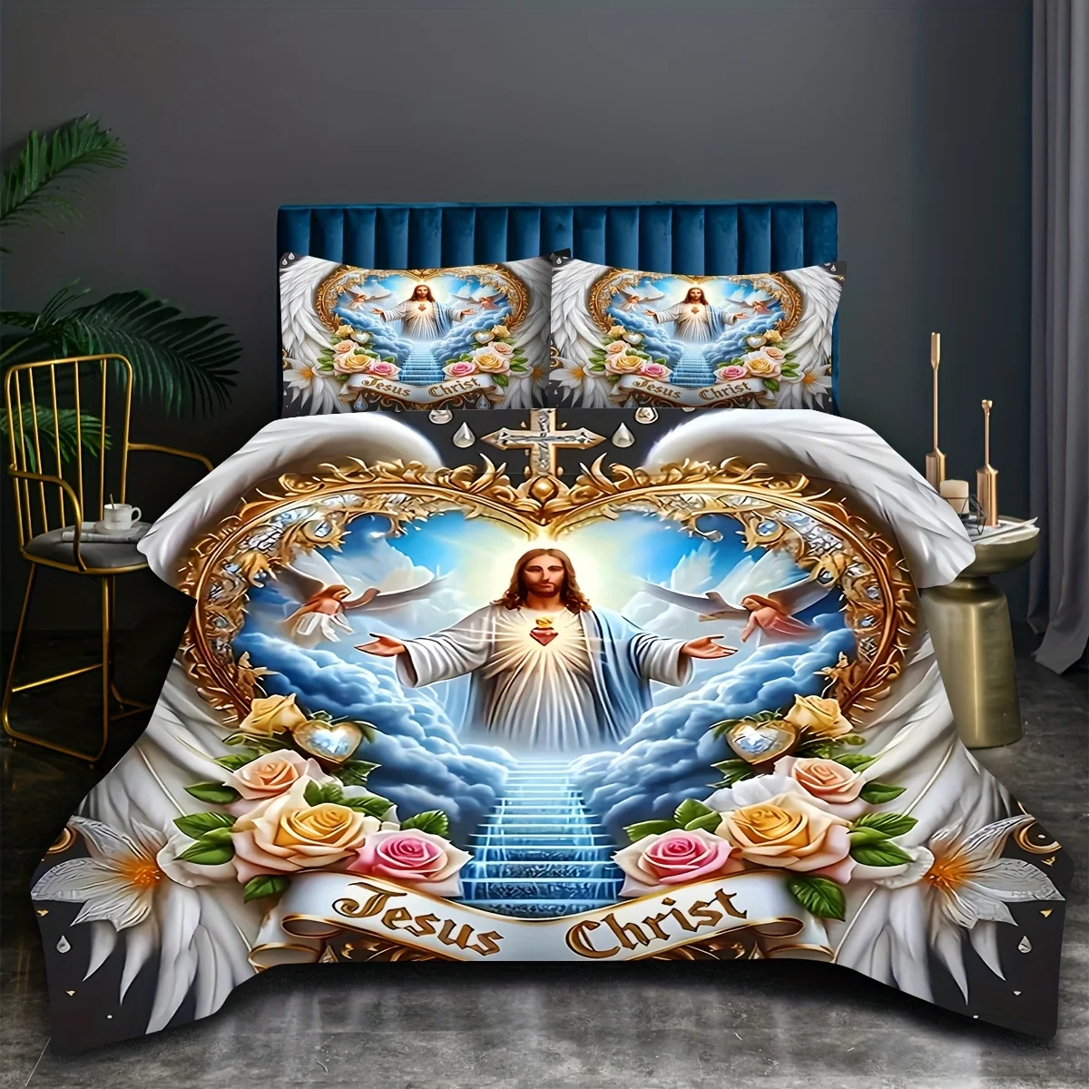 Duvet Cover Sets With Zipper - 성스러운 헌신의 날개 십자가 꽃 천사