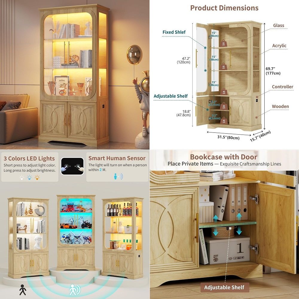 Storage & Organization - 유리문과 수납 선반이 있는 디스플레이 캐비닛,