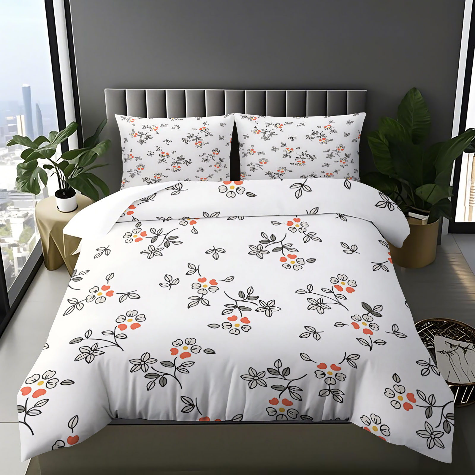 Aesthetic Floral Duvet Cover - 미니멀한 손으로 그린 ​​얇은 선 오렌지