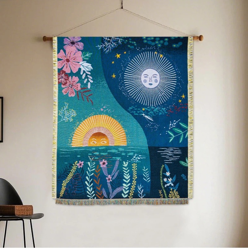 Boho Throw Blanket Fringe - 천상의 태양과 달이 그려진 보헤미안풍 벽걸이