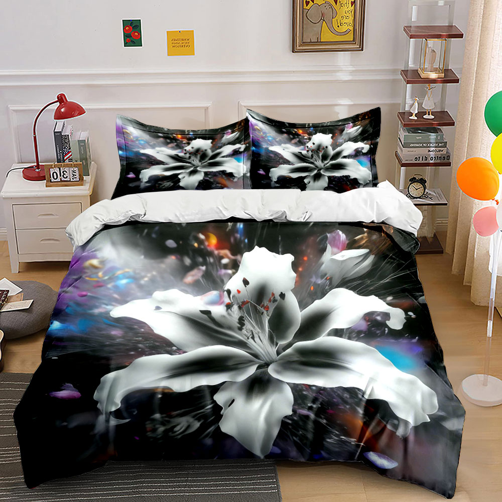 Aesthetic Floral Duvet Cover - 추상적인 흰색 백합 꽃 침구 세트