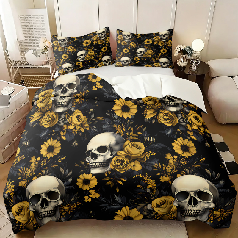 Aesthetic Floral Duvet Cover - 다크 에스테틱 해골 노란 꽃무늬 이불