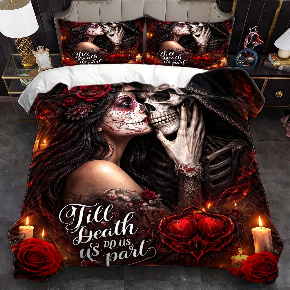Duvet Cover Sets With Zipper - 3피스 해골 장미 