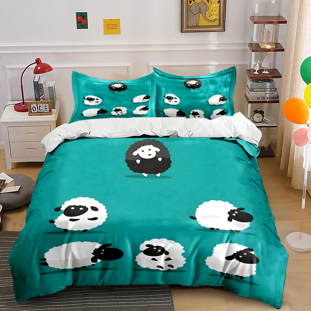 Duvet Cover Sets With Zipper - 만화 양과 검은색 패턴 이불 커버