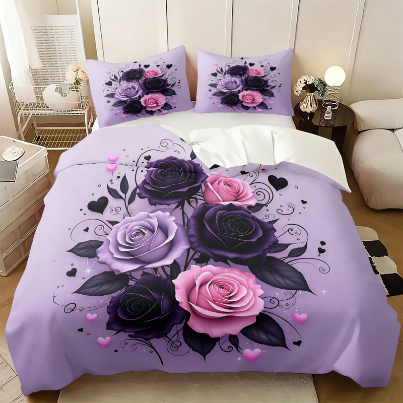 Aesthetic Floral Duvet Cover - 퍼플 블랙 핑크 로즈 하트 이불