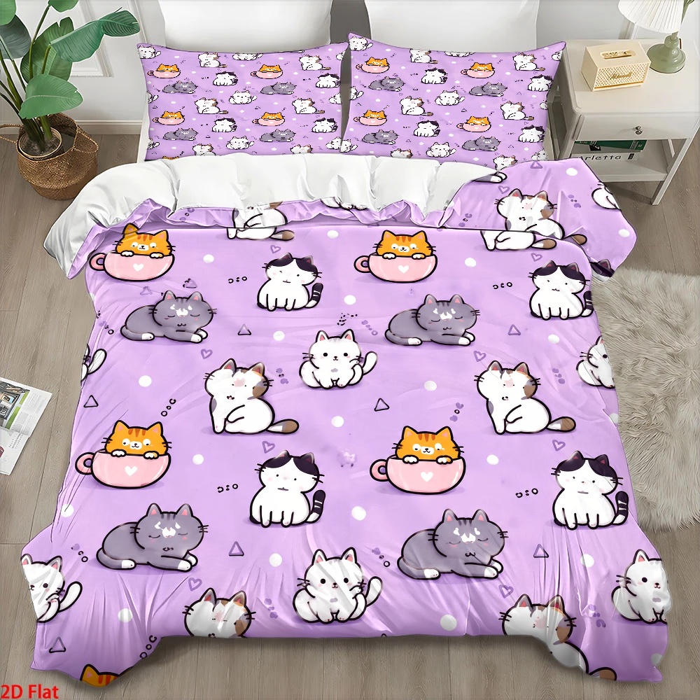 Duvet Cover Sets With Zipper - 3피스 귀여운 고양이 프린트 이불 커버