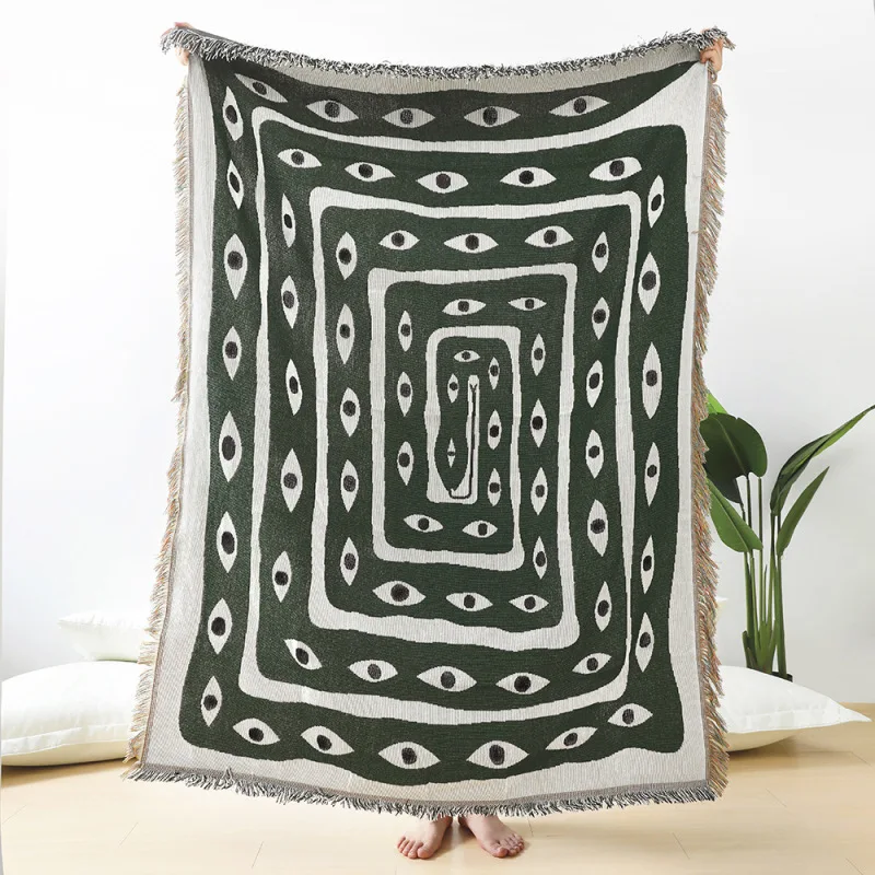 Boho Throw Blanket Fringe - 그린 화이트 이블 아이 자카드 담요