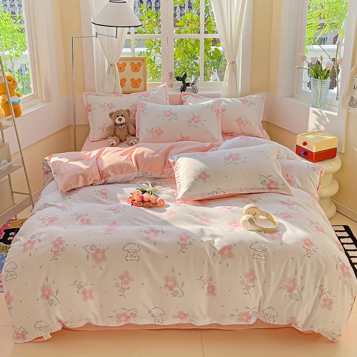 4피스 부드러운 플로럴 플랜트 프린트 퀼트 커버 세트  - Duvet Cover Sets With Zipper 리뷰 및 가격