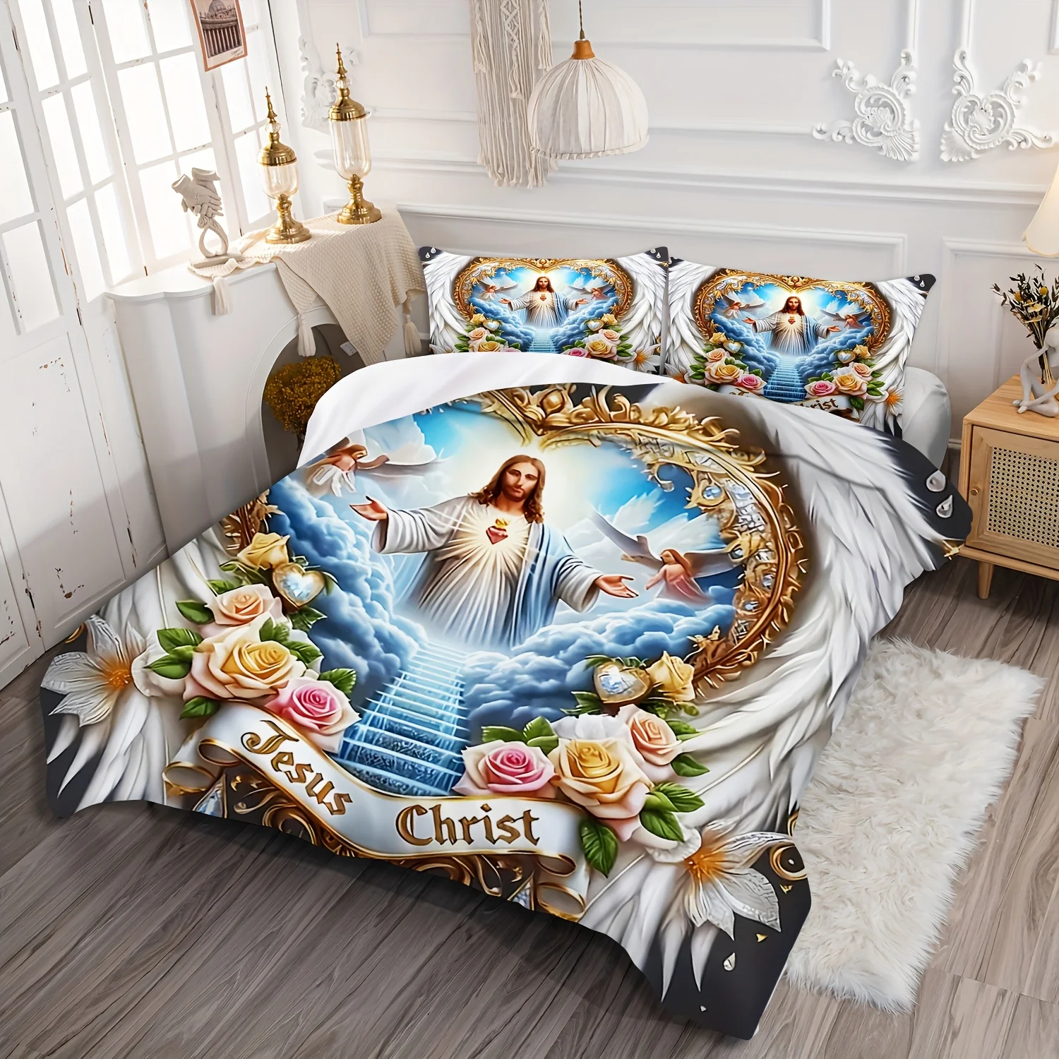 성스러운 헌신의 날개 십자가 꽃 천사 예수 천국의 문  - Duvet Cover Sets With Zipper 리뷰 및 가격