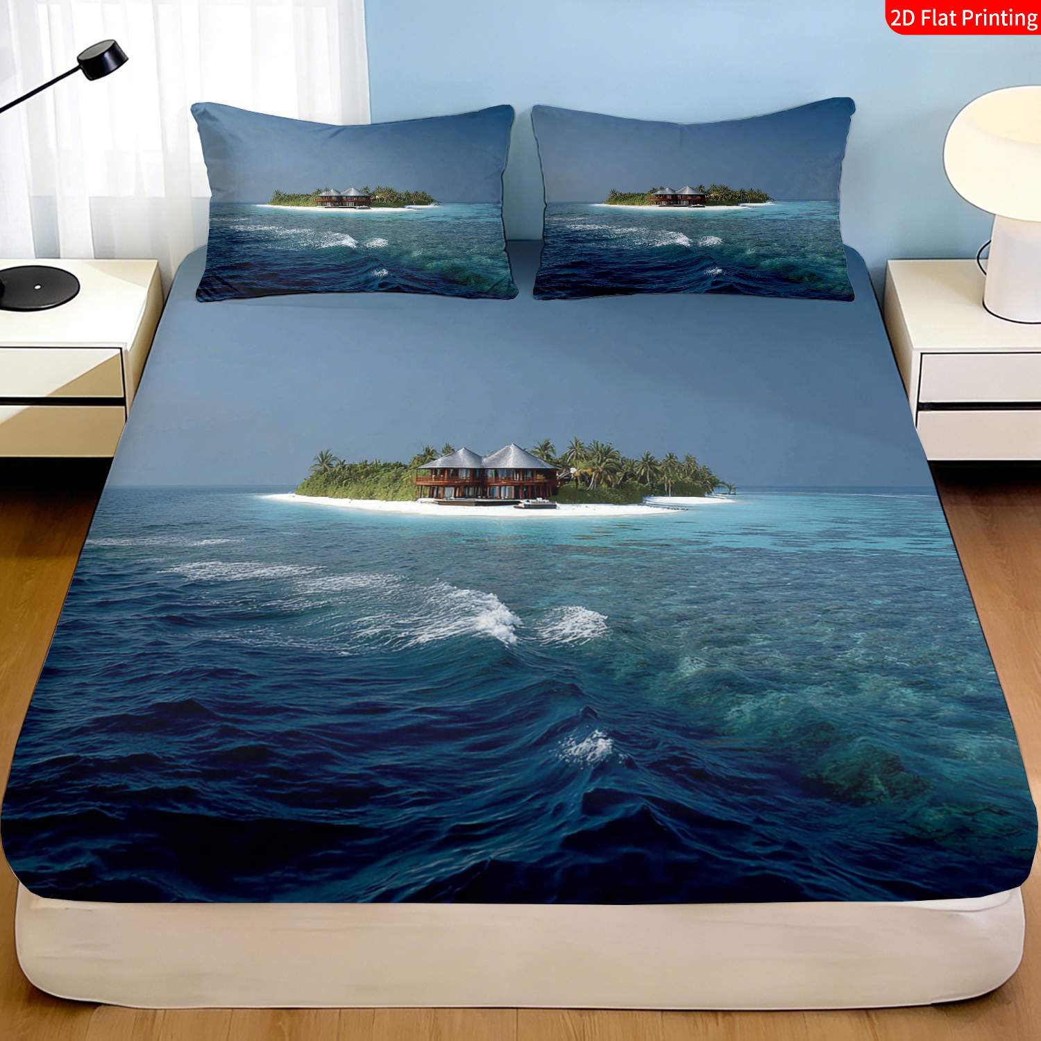 열대 섬 침구 세트 야자수와 물가 오두막 프린트 침대  - Fitted Bed Sheets Deep Pocket 리뷰 및 가격