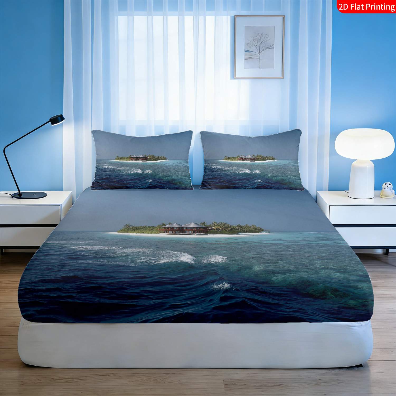 열대 섬 침구 세트 야자수와 물가 오두막 프린트 침대  - Fitted Bed Sheets Deep Pocket 리뷰 및 가격