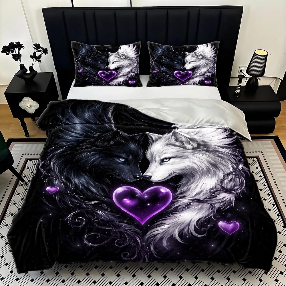 3피스 인기 블랙 앤 화이트 더블 울프 하트 프린트 이 - Duvet Cover Sets With Zipper 리뷰 및 가격