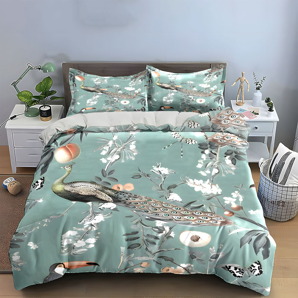 3PC 공작새 투칸 꽃무늬 침구 세트,열대 새와 복숭아 - Aesthetic Floral Duvet Cover 리뷰 및 가격