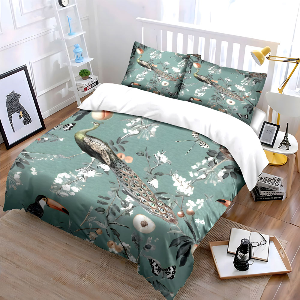 3PC 공작새 투칸 꽃무늬 침구 세트,열대 새와 복숭아 - Aesthetic Floral Duvet Cover 리뷰 및 가격