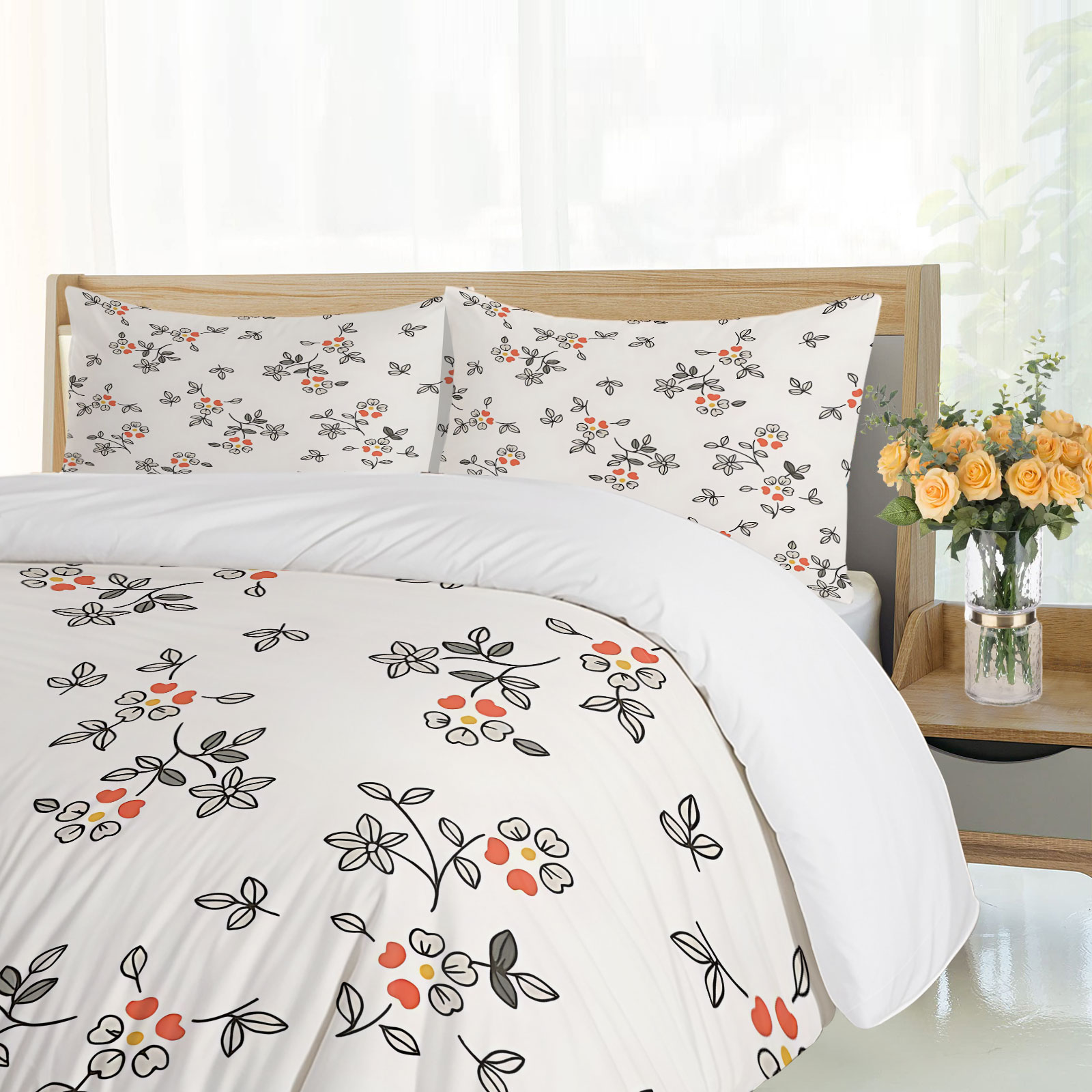 미니멀한 손으로 그린 ​​얇은 선 오렌지 레드 작은 꽃 - Aesthetic Floral Duvet Cover 리뷰 및 가격
