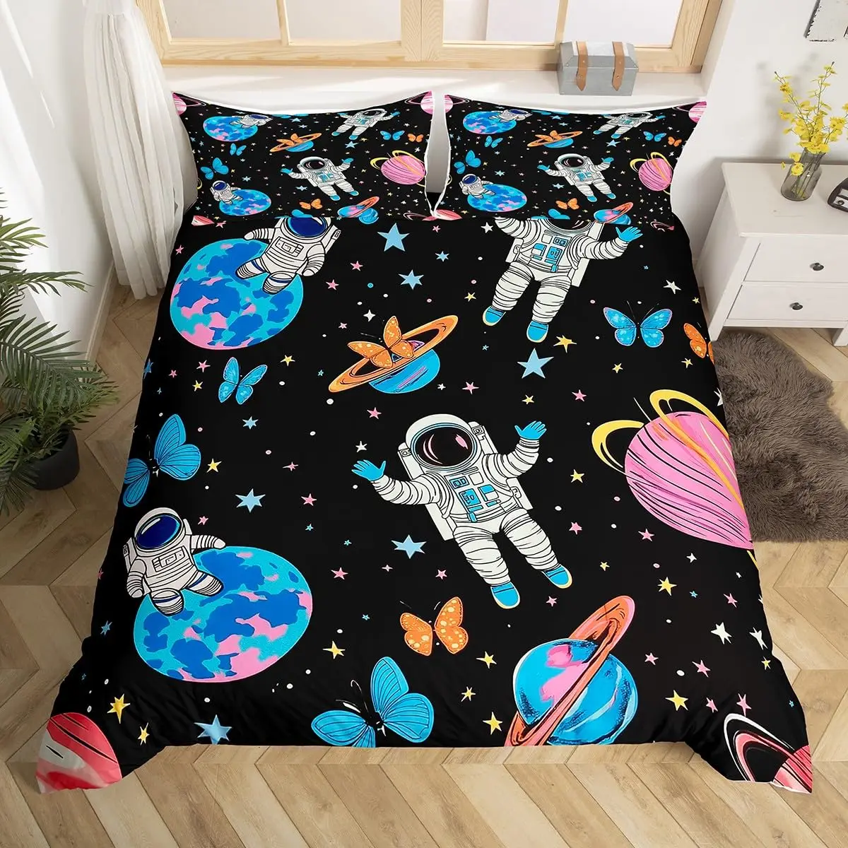 우주 비행사 이불 커버 세트 만화 우주 우주 비행사 장 - Duvet Cover Sets With Zipper 리뷰 및 가격