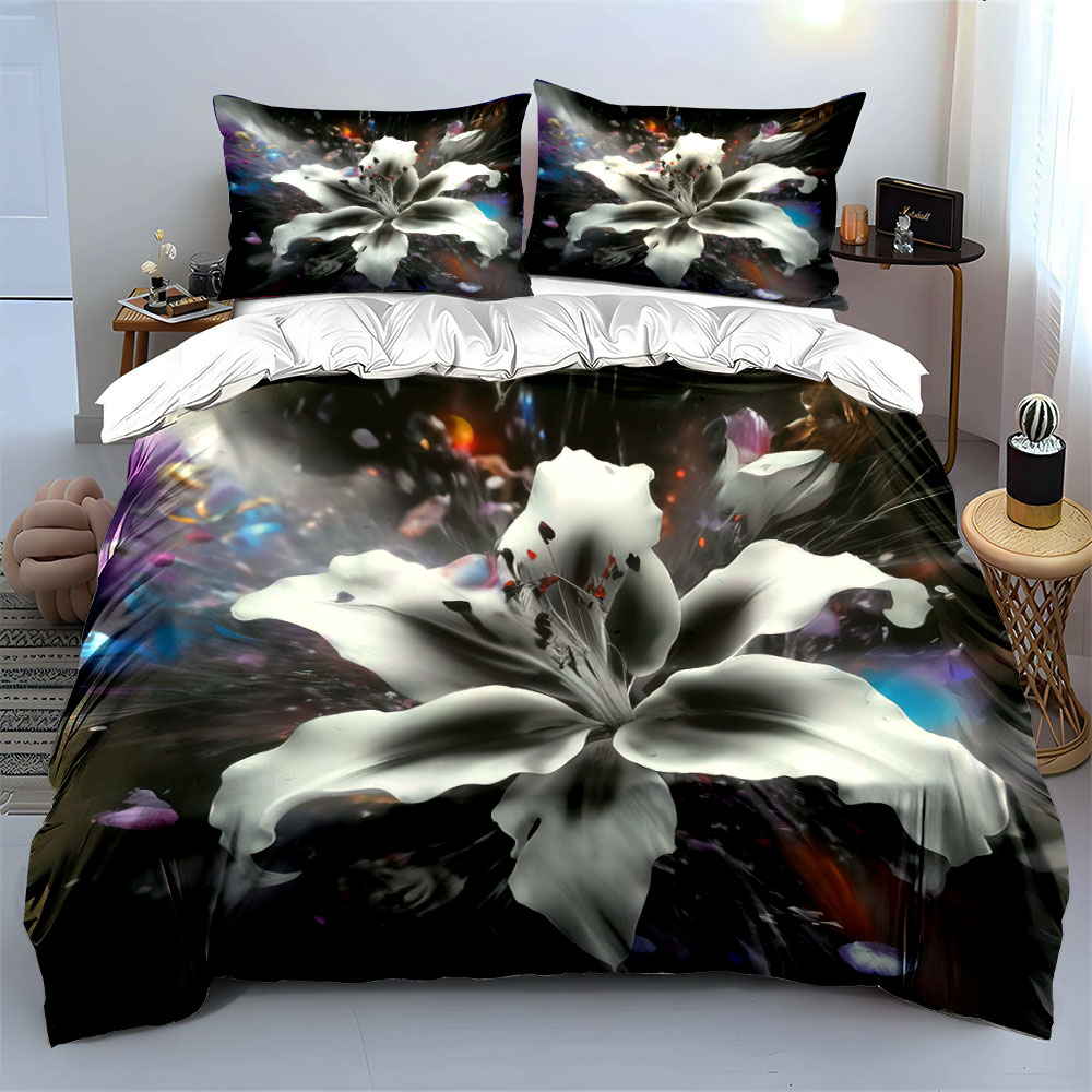 추상적인 흰색 백합 꽃 침구 세트 3개, 검은색 배경  - Aesthetic Floral Duvet Cover 리뷰 및 가격