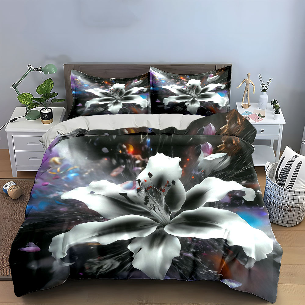 추상적인 흰색 백합 꽃 침구 세트 3개, 검은색 배경  - Aesthetic Floral Duvet Cover 리뷰 및 가격