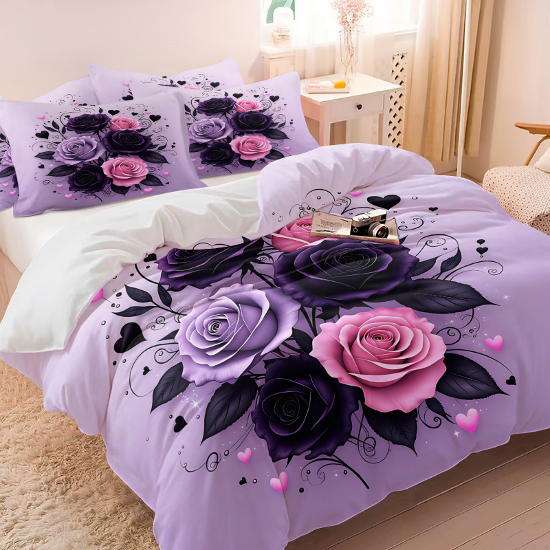 퍼플 블랙 핑크 로즈 하트 이불 커버 세트 고딕 플로럴 - Aesthetic Floral Duvet Cover 리뷰 및 가격