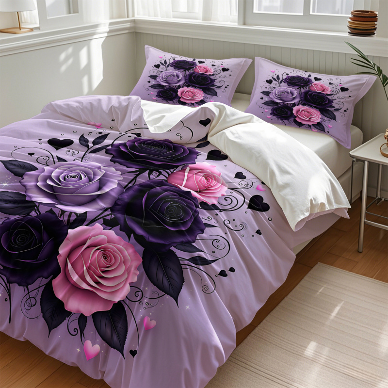 퍼플 블랙 핑크 로즈 하트 이불 커버 세트 고딕 플로럴 - Aesthetic Floral Duvet Cover 리뷰 및 가격