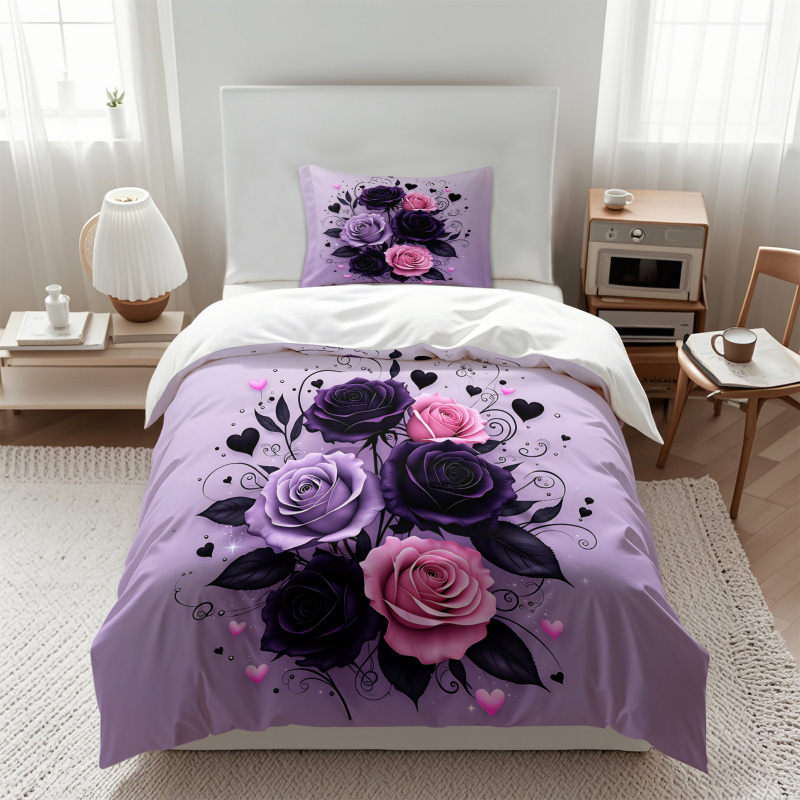 퍼플 블랙 핑크 로즈 하트 이불 커버 세트 고딕 플로럴 - Aesthetic Floral Duvet Cover 리뷰 및 가격