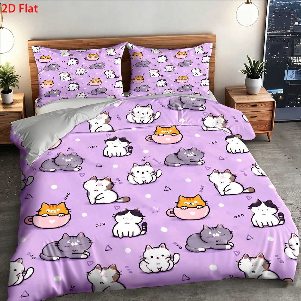 3피스 귀여운 고양이 프린트 이불 커버 세트, 3피스  - Duvet Cover Sets With Zipper 리뷰 및 가격